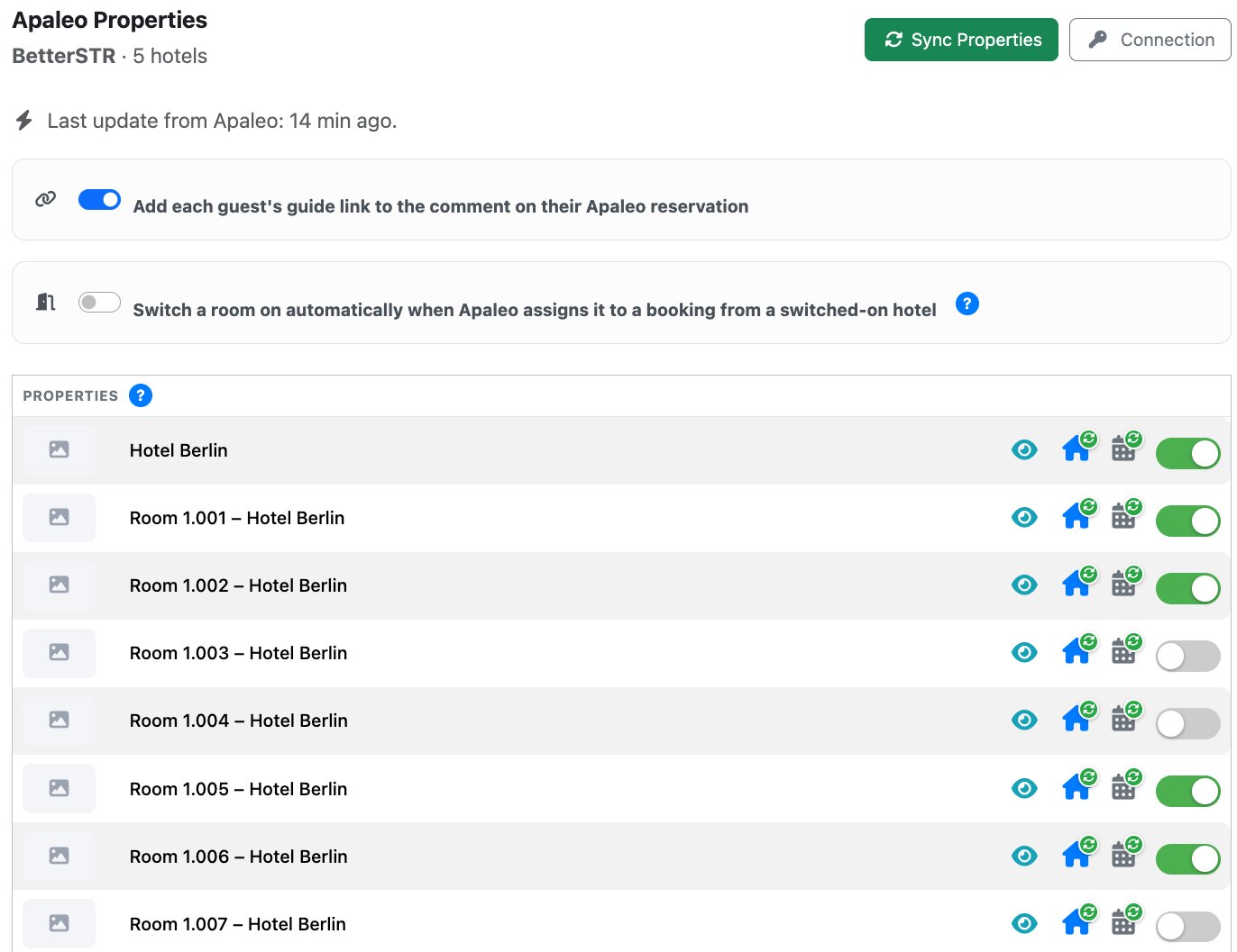 The Apaleo page in BetterSTR with the guide link and room settings and the list of hotels and rooms, each with an on or off switch