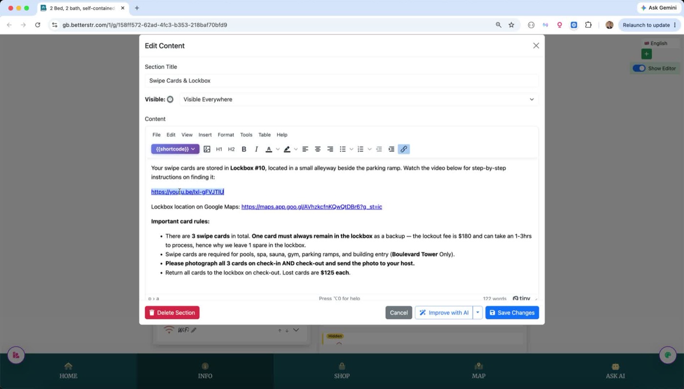 The Edit Content editor with a pasted YouTube link shown underlined in blue