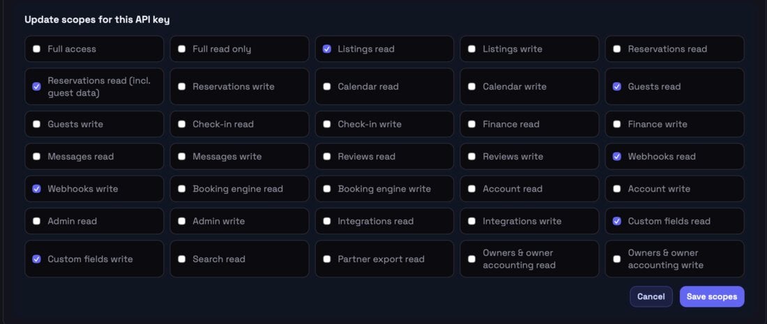 Hostify's Update scopes for this API key screen with Listings read, Reservations read (incl. guest data), Guests read, Webhooks read, Webhooks write, Custom fields read and Custom fields write ticked