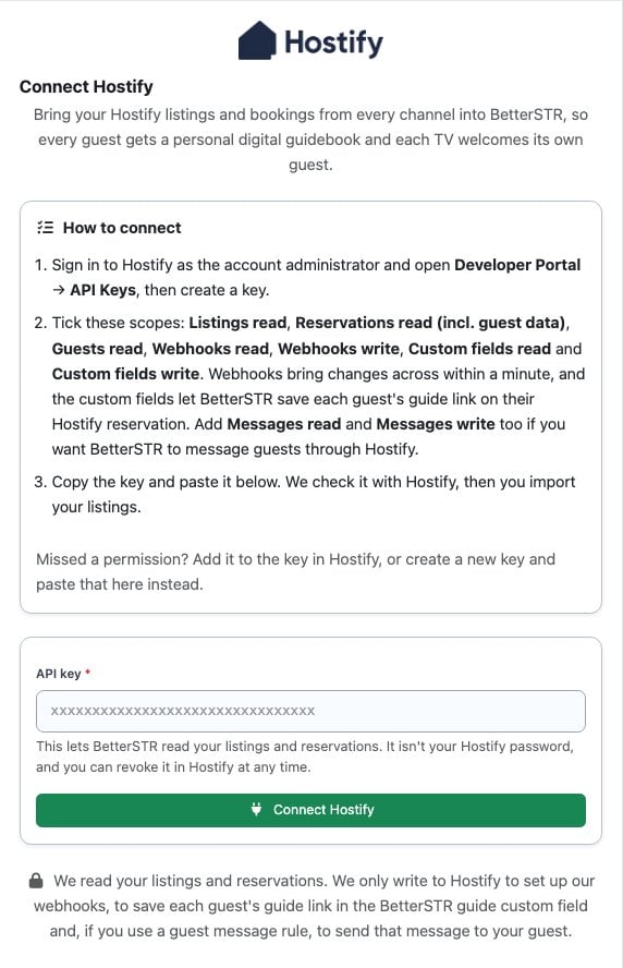 The Connect Hostify page in BetterSTR with the steps, the API key box and the Connect Hostify button