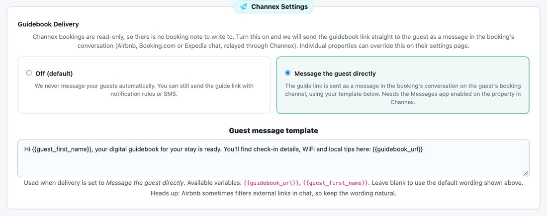 Channex Settings card on the Property Defaults page, with Off and Message the guest directly options