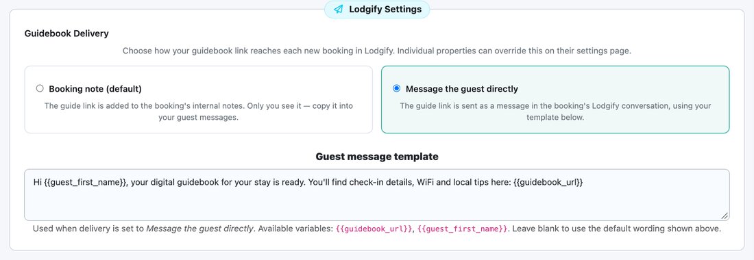 Lodgify Settings card on the Property Defaults page, with Message the guest directly selected and the guest message template