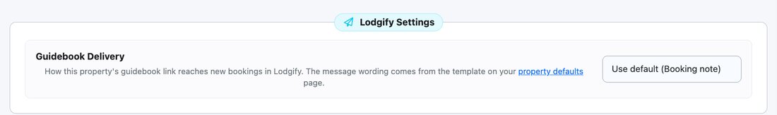 Guidebook Delivery dropdown in the Lodgify Settings card on a property's settings page