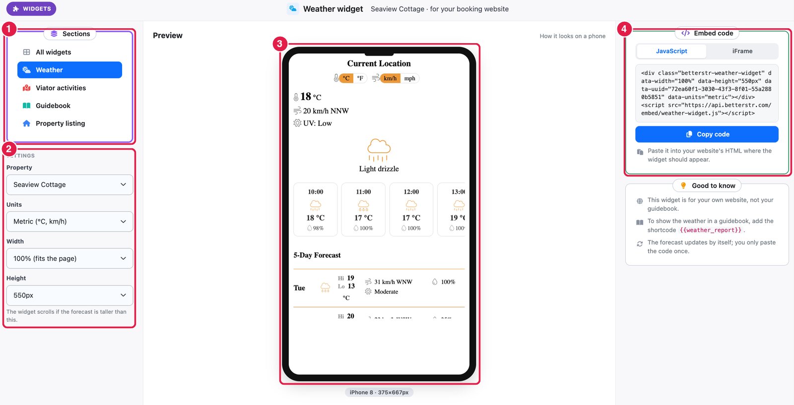 The widget generator: (1) widget types, (2) settings, (3) live preview, (4) embed code