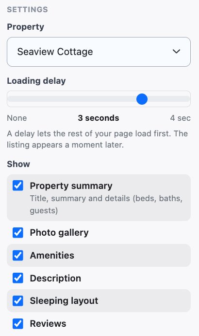 Property listing widget settings: loading delay and the sections to show