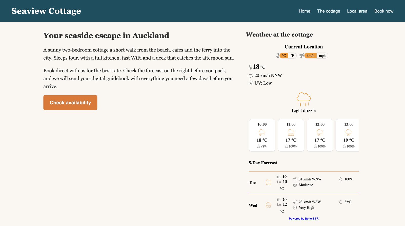 A weather widget embedded on a property's own booking website