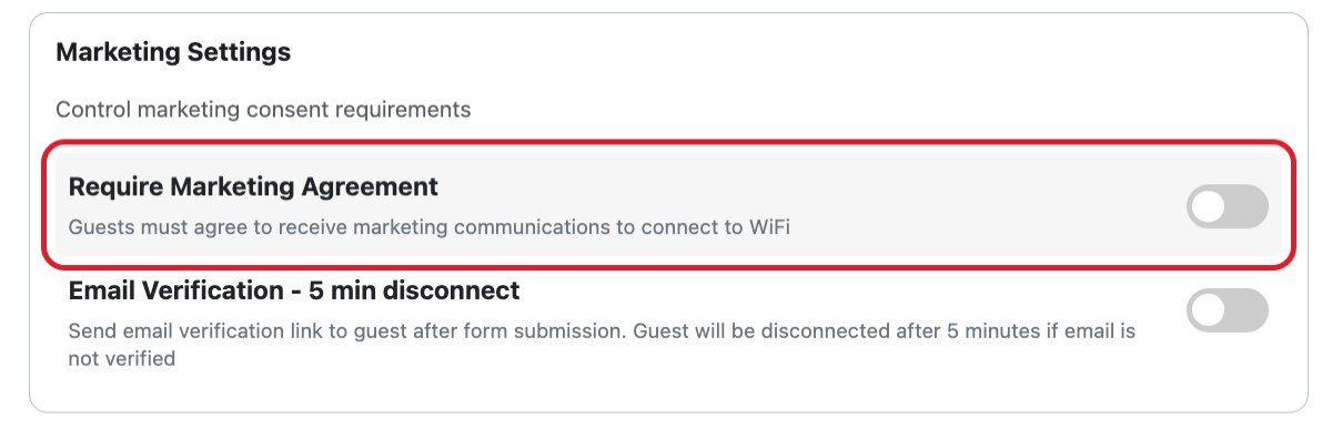 BetterSTR WiFi settings, Marketing Settings card, with Require Marketing Agreement switched off and outlined in red