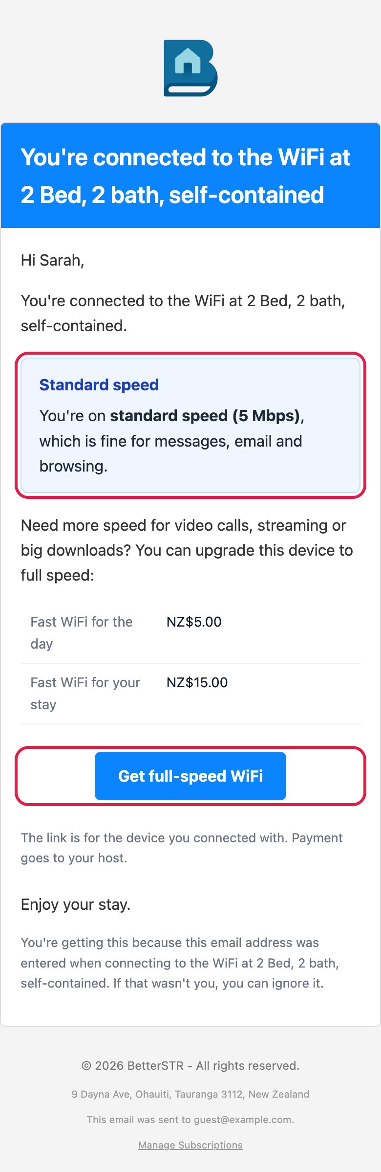 Connection confirmation email on a phone with the guest's speed, passes and a Get full-speed WiFi button