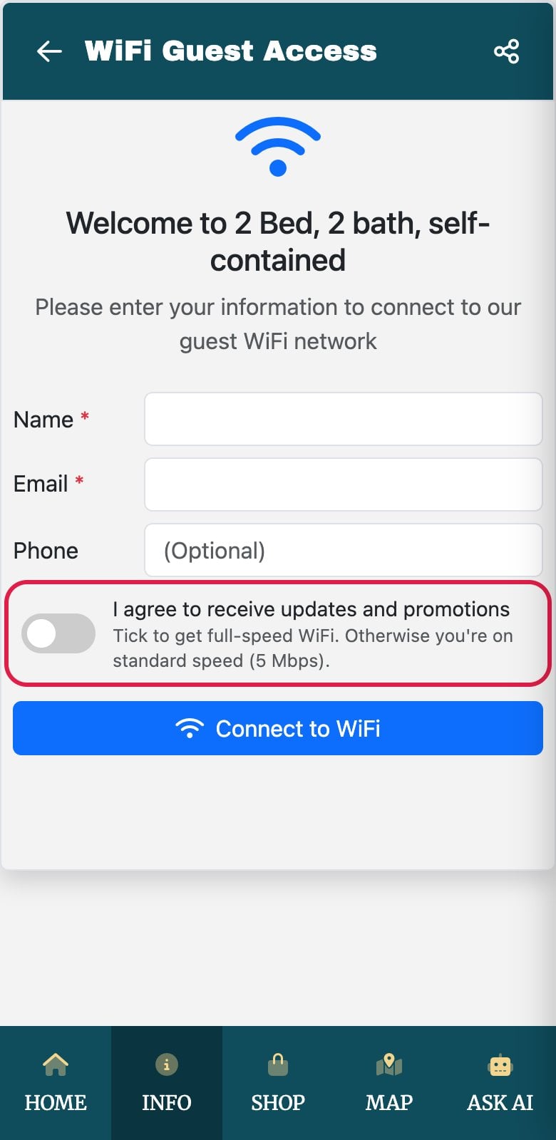Guest WiFi sign-in form on a phone with an optional opt-in toggle that unlocks full-speed WiFi