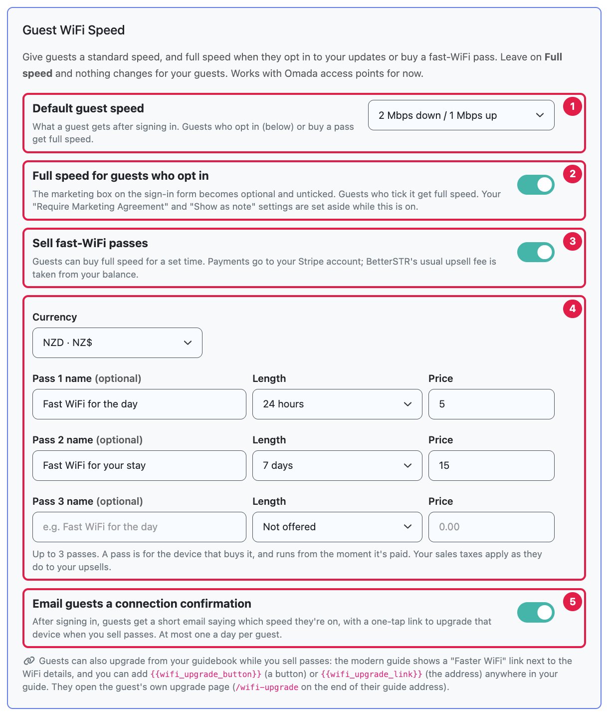Guest WiFi Speed settings: default speed, opt-in unlock, passes, pass editor and confirmation email
