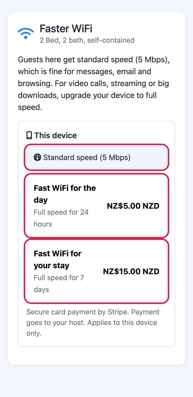 Faster WiFi page on a phone showing standard speed and two passes to buy